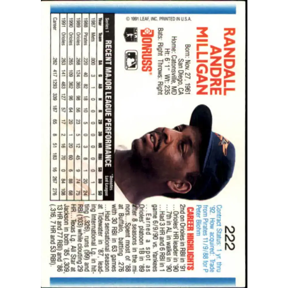 1992 Donruss #222 Randy Milligan NM-MT Baltimore Orioles Baseball Card - Baseball Card Single