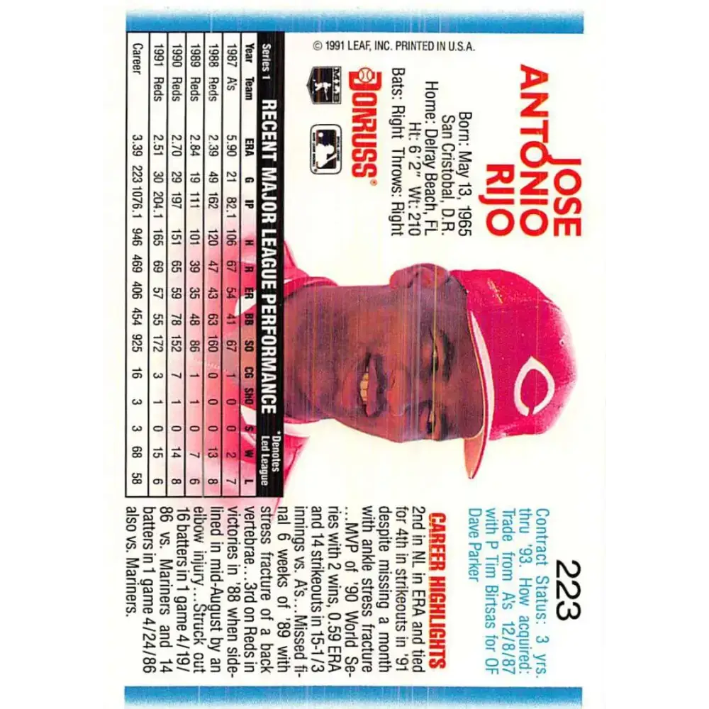 1992 Donruss #223 Jose Rijo NM-MT Cincinnati Reds Baseball Card - Baseball Card Single