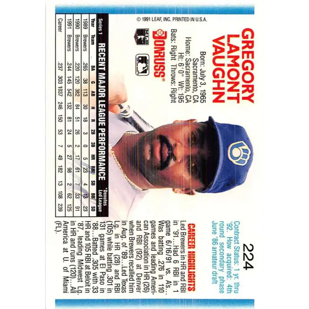 1992 Donruss #224 Greg Vaughn NM-MT Milwaukee Brewers Baseball Card - Baseball Card Single
