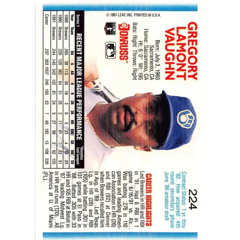 1992 Donruss #224 Greg Vaughn NM-MT Milwaukee Brewers Baseball Card - Baseball Card Single