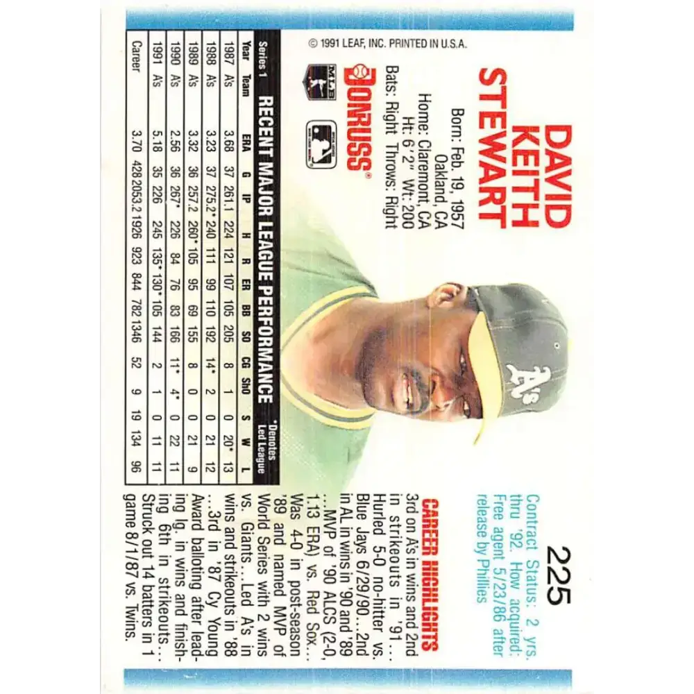1992 Donruss #225 Dave Stewart NM-MT Oakland Athletics Baseball Card - Baseball Card Single