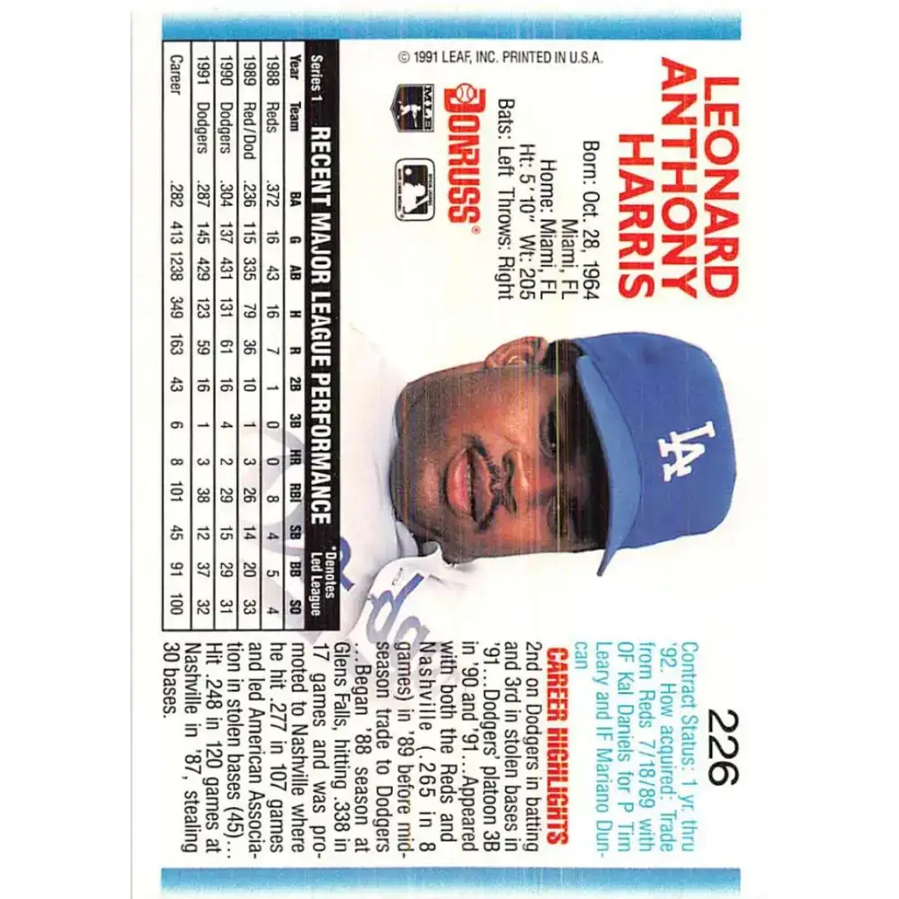 1992 Donruss #226 Lenny Harris NM-MT Los Angeles Dodgers Baseball Card - Baseball Card Single