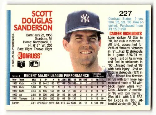Scott Sanderson Yankees baseball card with original gloss from 1992 Donruss series
