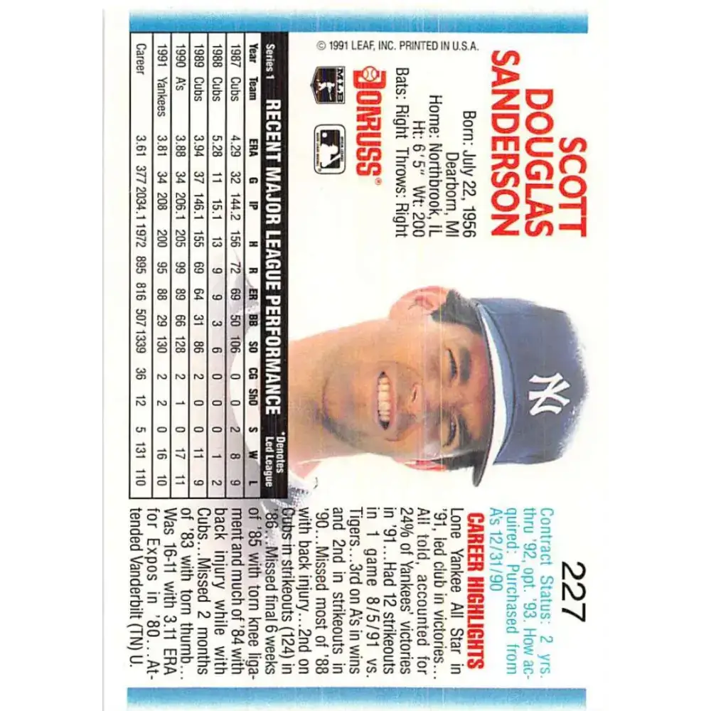 1992 Donruss #227 Scott Sanderson NM-MT New York Yankees Baseball Card - Baseball Card Single