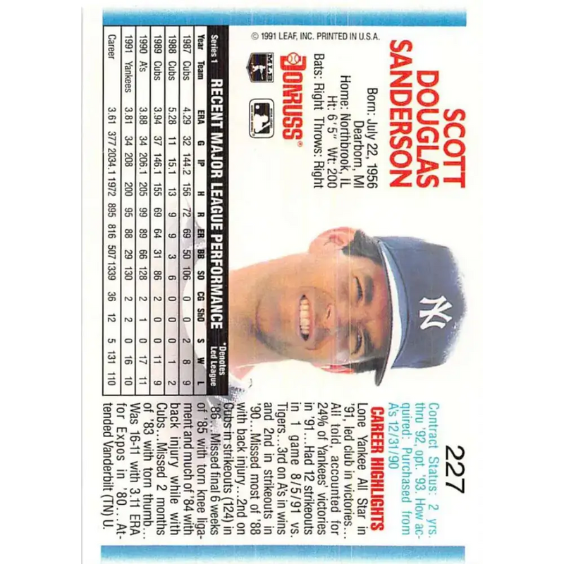 1992 Donruss #227 Scott Sanderson NM-MT New York Yankees Baseball Card - Baseball Card Single