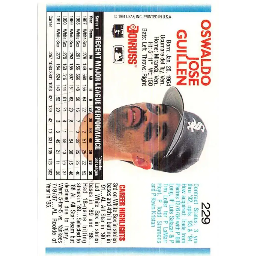 1992 Donruss #229 Ozzie Guillen NM-MT Chicago White Sox Baseball Card - Baseball Card Single