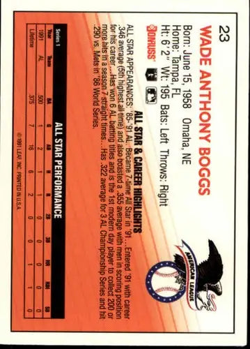 Original gloss Wade Boggs baseball card 1992 Donruss Red Sox #23 NM-MT