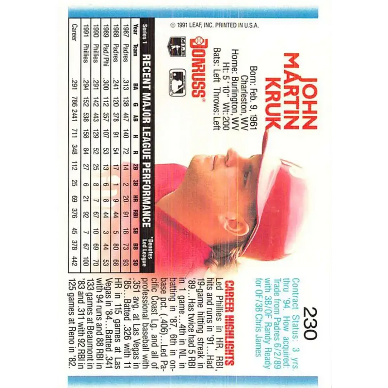 1992 Donruss #230 John Kruk NM-MT Philadelphia Phillies Baseball Card - Baseball Card Single