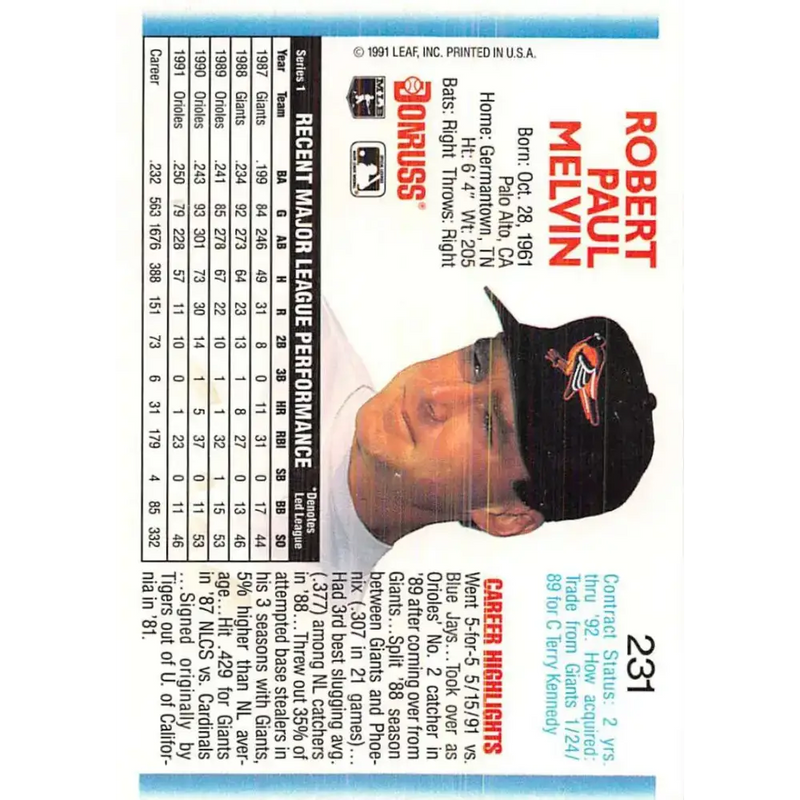 1992 Donruss #231 Bob Melvin NM-MT Baltimore Orioles Baseball Card - Baseball Card Single
