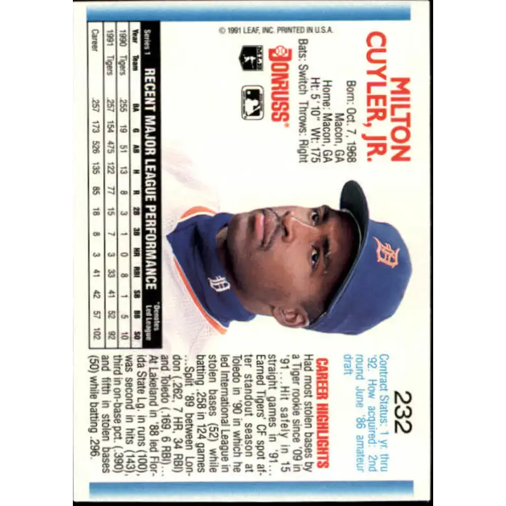 1992 Donruss #232 Milt Cuyler NM-MT Detroit Tigers Baseball Card - Baseball Card Single