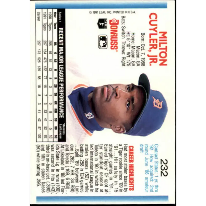 1992 Donruss #232 Milt Cuyler NM-MT Detroit Tigers Baseball Card - Baseball Card Single