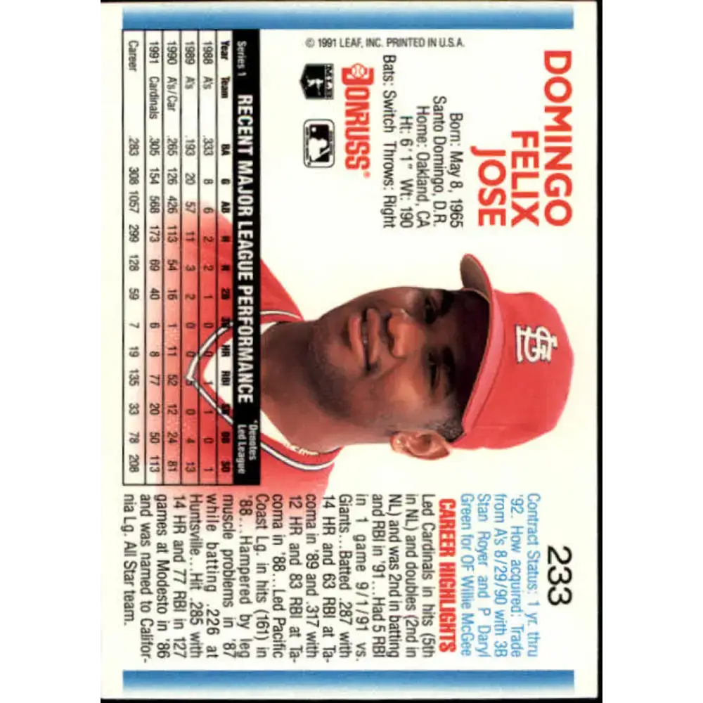 1992 Donruss #233 Felix Jose NM-MT St. Louis Cardinals Baseball Card - Baseball Card Single