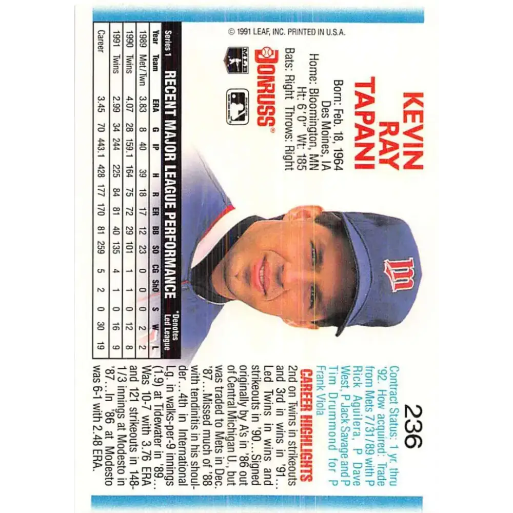 1992 Donruss #236 Kevin Tapani NM-MT Minnesota Twins Baseball Card - Baseball Card Single