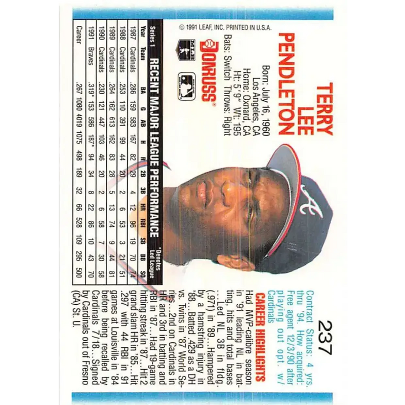 1992 Donruss #237 Terry Pendleton NM-MT Atlanta Braves Baseball Card - Baseball Card Single