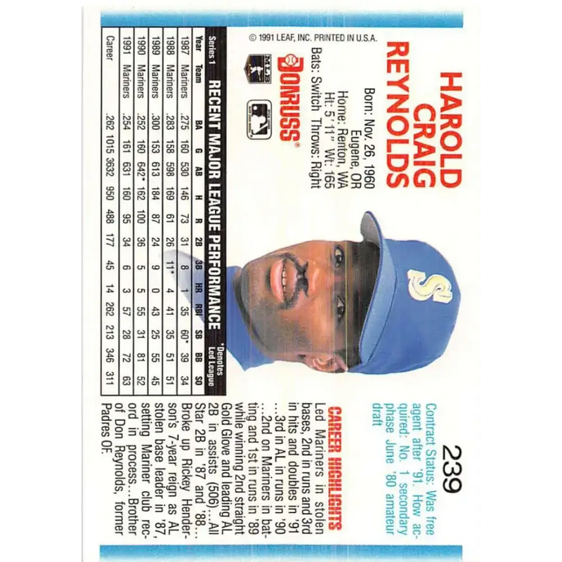 1992 Donruss #239 Harold Reynolds NM-MT Seattle Mariners Baseball Card - Baseball Card Single