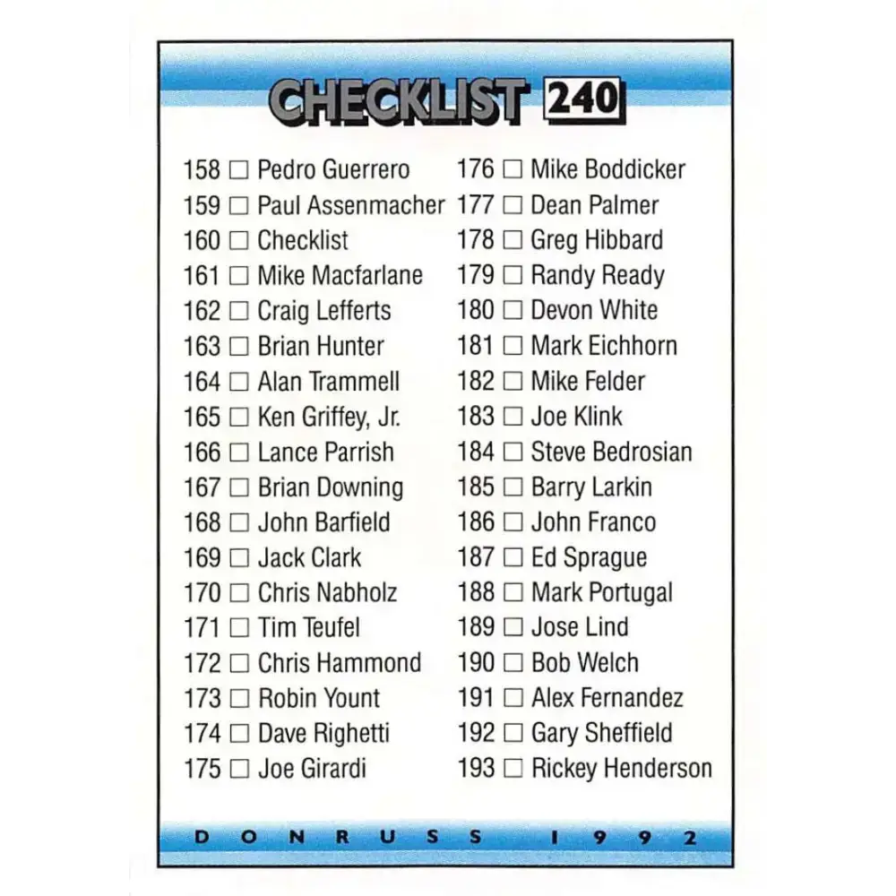 1992 Donruss #240 Checklist 158-237 NM-MT Checklist Baseball Card - Baseball Card Single