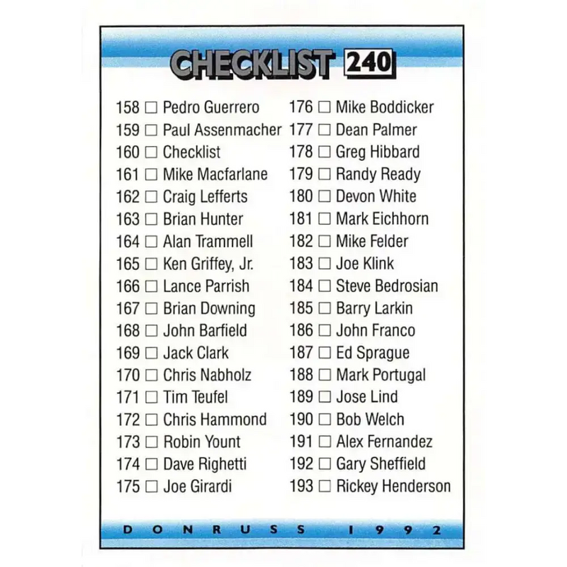 1992 Donruss #240 Checklist 158-237 NM-MT Checklist Baseball Card - Baseball Card Single