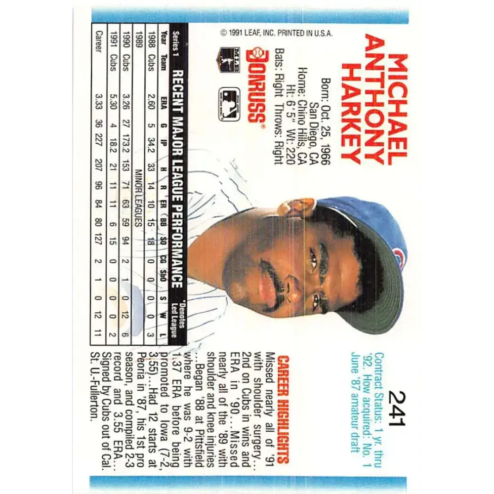 1992 Donruss #241 Mike Harkey NM-MT Chicago Cubs Baseball Card - Baseball Card Single