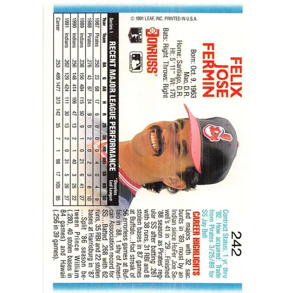 1992 Donruss #242 Felix Fermin NM-MT Cleveland Indians Baseball Card - Baseball Card Single