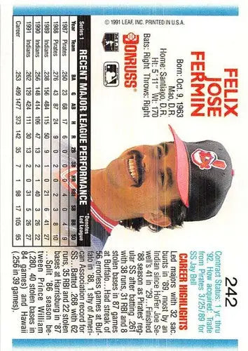 1992 Donruss #242 Felix Fermin NM Near Mint Indians - Baseball Card Single