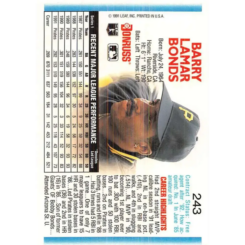 1992 Donruss #243 Barry Bonds NM-MT Pittsburgh Pirates Baseball Card - Baseball Card Single