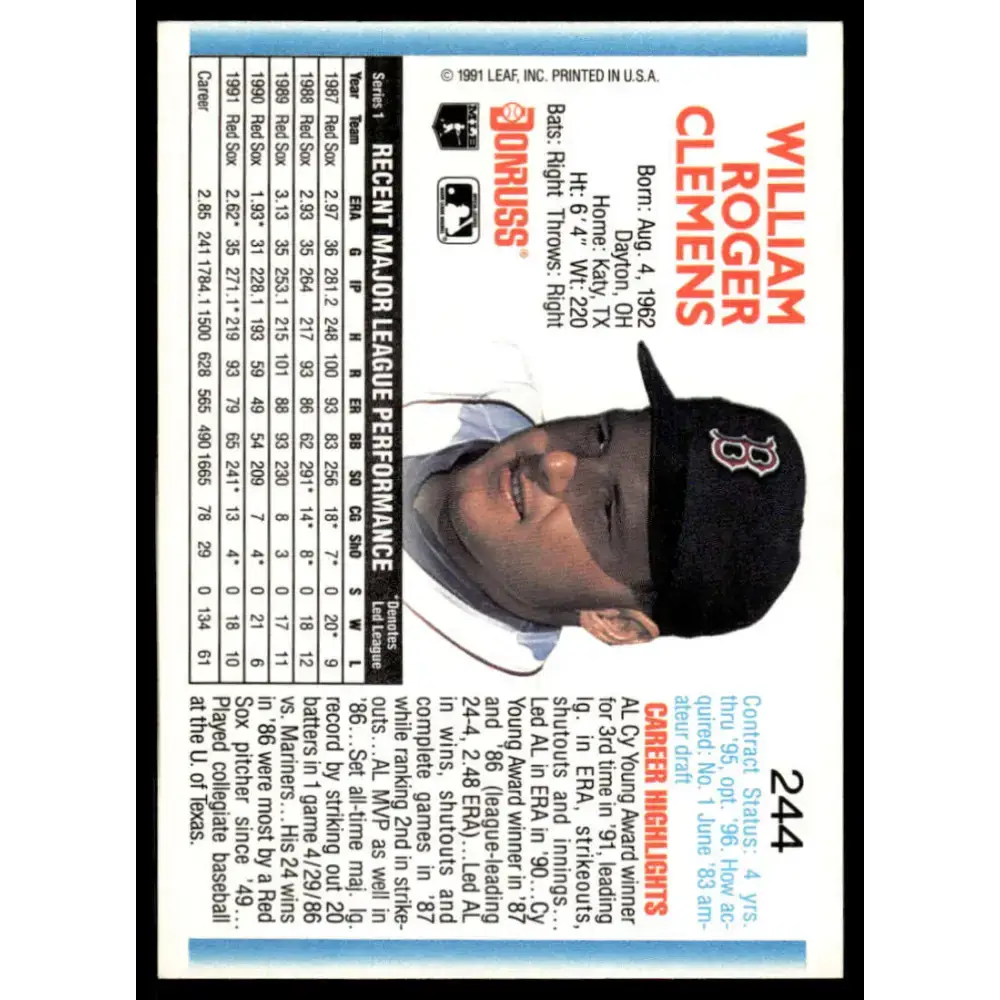 1992 Donruss #244 Roger Clemens EX/NM Boston Red Sox Baseball Card - Baseball Card Single