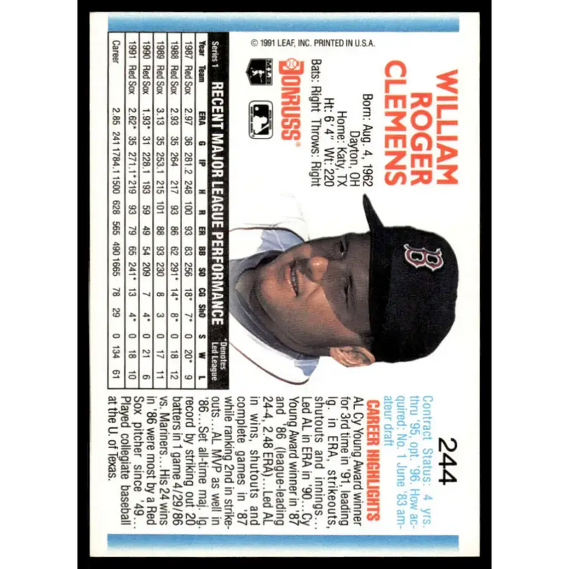 1992 Donruss #244 Roger Clemens EX/NM Boston Red Sox Baseball Card - Baseball Card Single