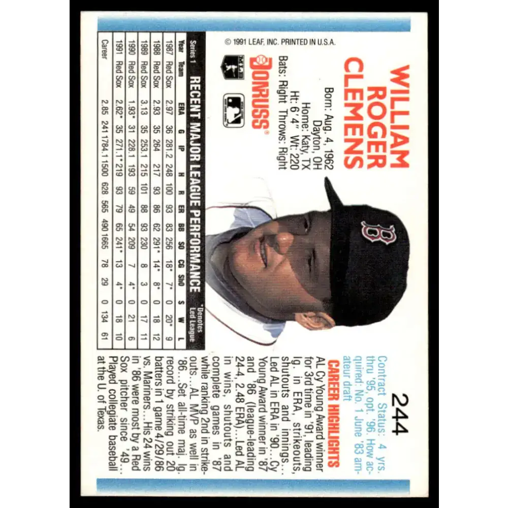 1992 Donruss #244 Roger Clemens EX/NM Boston Red Sox Baseball Card - Baseball Card Single