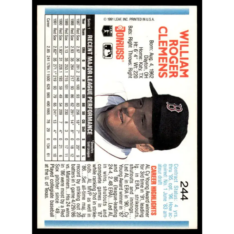 1992 Donruss #244 Roger Clemens EX/NM Boston Red Sox Baseball Card - Baseball Card Single