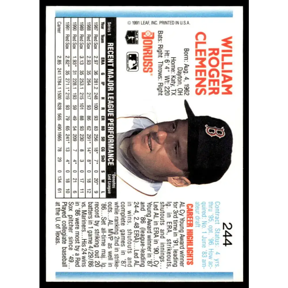 1992 Donruss #244 Roger Clemens EX/NM Boston Red Sox Baseball Card - Baseball Card Single