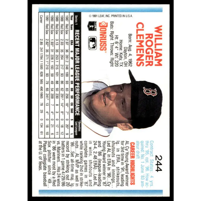 1992 Donruss #244 Roger Clemens EX/NM Boston Red Sox Baseball Card - Baseball Card Single
