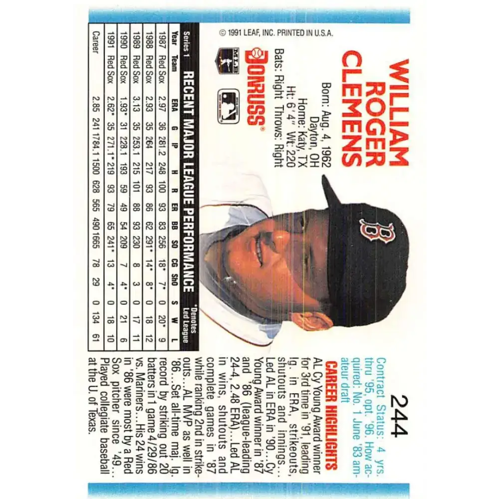 1992 Donruss #244 Roger Clemens NM-MT Boston Red Sox Baseball Card - Baseball Card Single