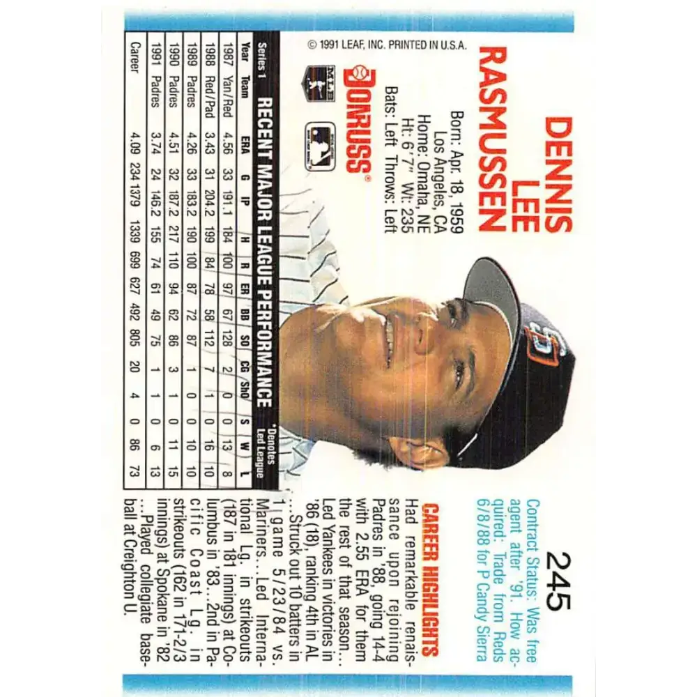 1992 Donruss #245 Dennis Rasmussen NM-MT San Diego Padres Baseball Card - Baseball Card Single