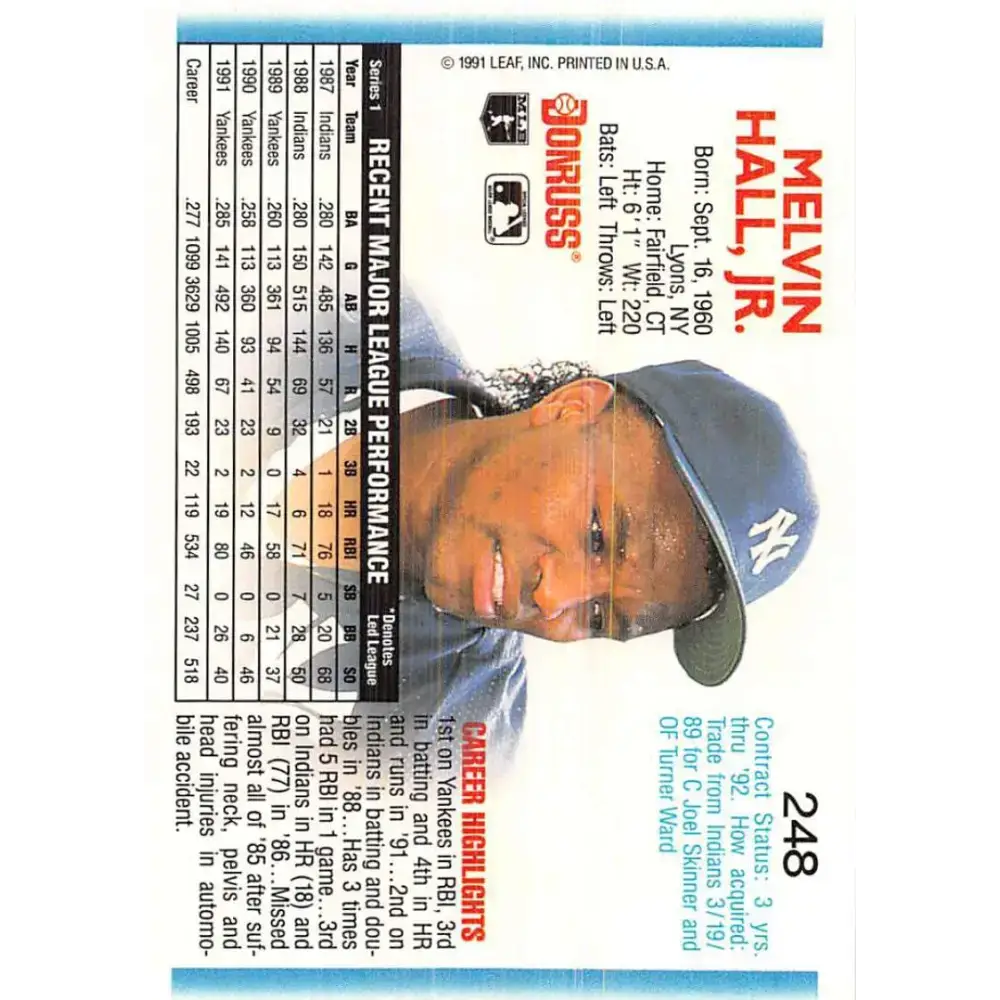 1992 Donruss #248 Mel Hall NM-MT New York Yankees Baseball Card - Baseball Card Single