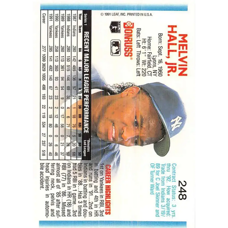 1992 Donruss #248 Mel Hall NM-MT New York Yankees Baseball Card - Baseball Card Single