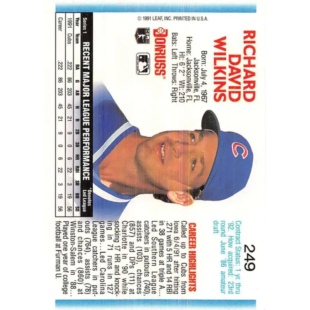 1992 Donruss #249 Rick Wilkins NM-MT Chicago Cubs Baseball Card - Baseball Card Single