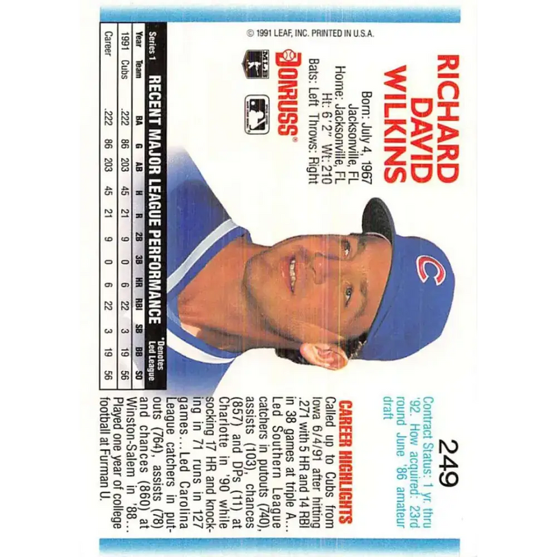 1992 Donruss #249 Rick Wilkins NM-MT Chicago Cubs Baseball Card - Baseball Card Single