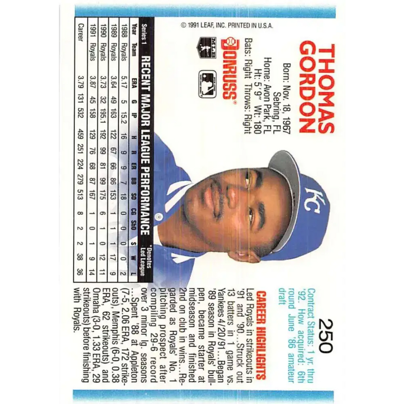 1992 Donruss #250 Tom Gordon NM-MT Kansas City Royals Baseball Card - Baseball Card Single