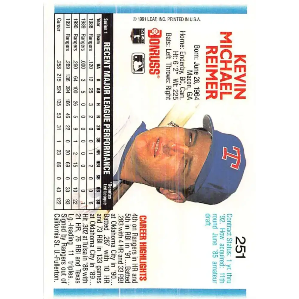 1992 Donruss #251 Kevin Reimer NM-MT Texas Rangers Baseball Card - Baseball Card Single