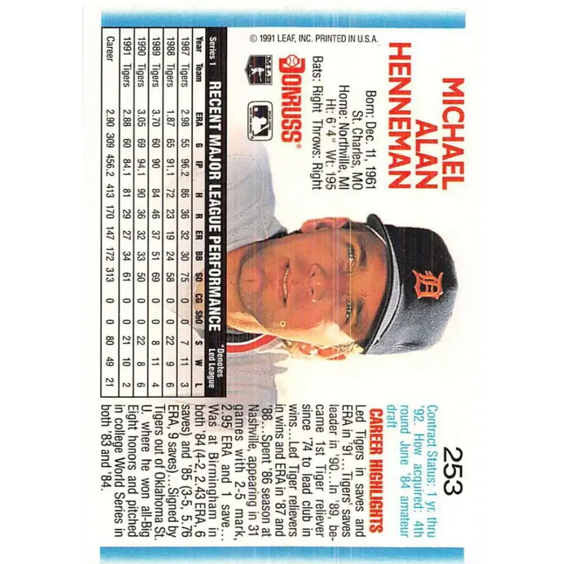 1992 Donruss #253 Mike Henneman NM-MT Detroit Tigers Baseball Card - Baseball Card Single