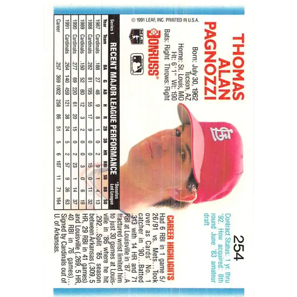 1992 Donruss #254 Tom Pagnozzi NM-MT St. Louis Cardinals Baseball Card - Baseball Card Single