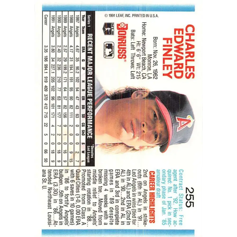 1992 Donruss #255 Chuck Finley NM-MT California Angels Baseball Card - Baseball Card Single