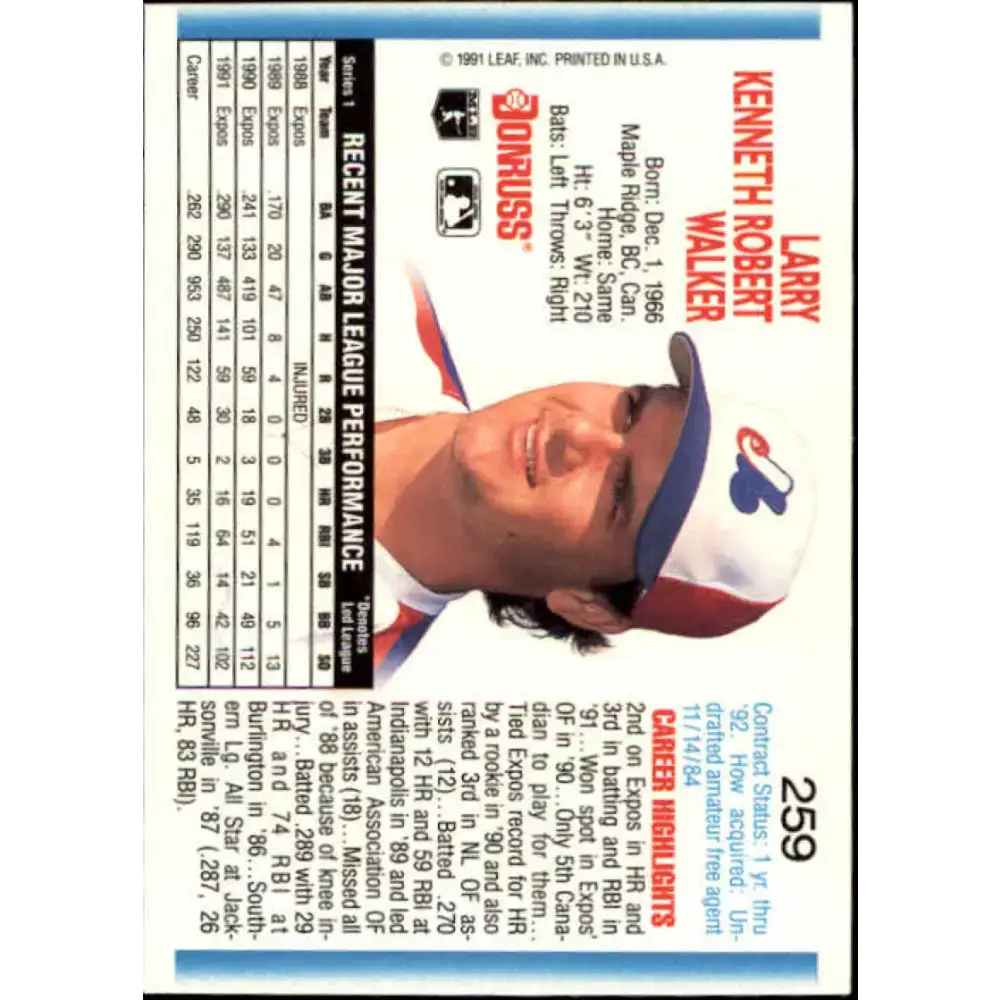 1992 Donruss #259 Larry Walker NM-MT Montreal Expos Baseball Card - Baseball Card Single