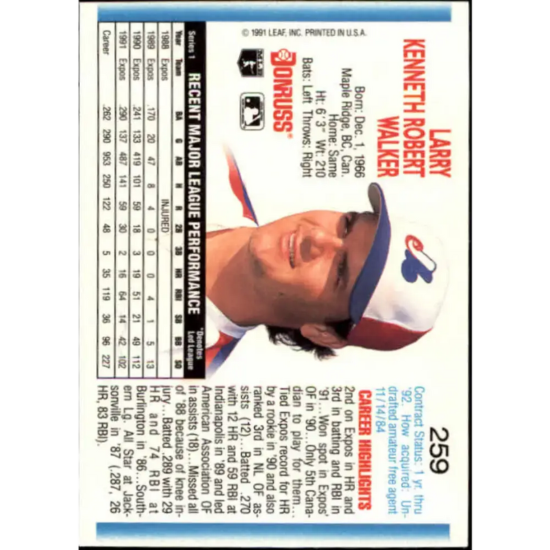 1992 Donruss #259 Larry Walker NM-MT Montreal Expos Baseball Card - Baseball Card Single