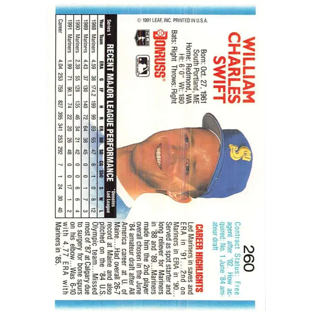 1992 Donruss #260 Bill Swift NM-MT Seattle Mariners Baseball Card - Baseball Card Single