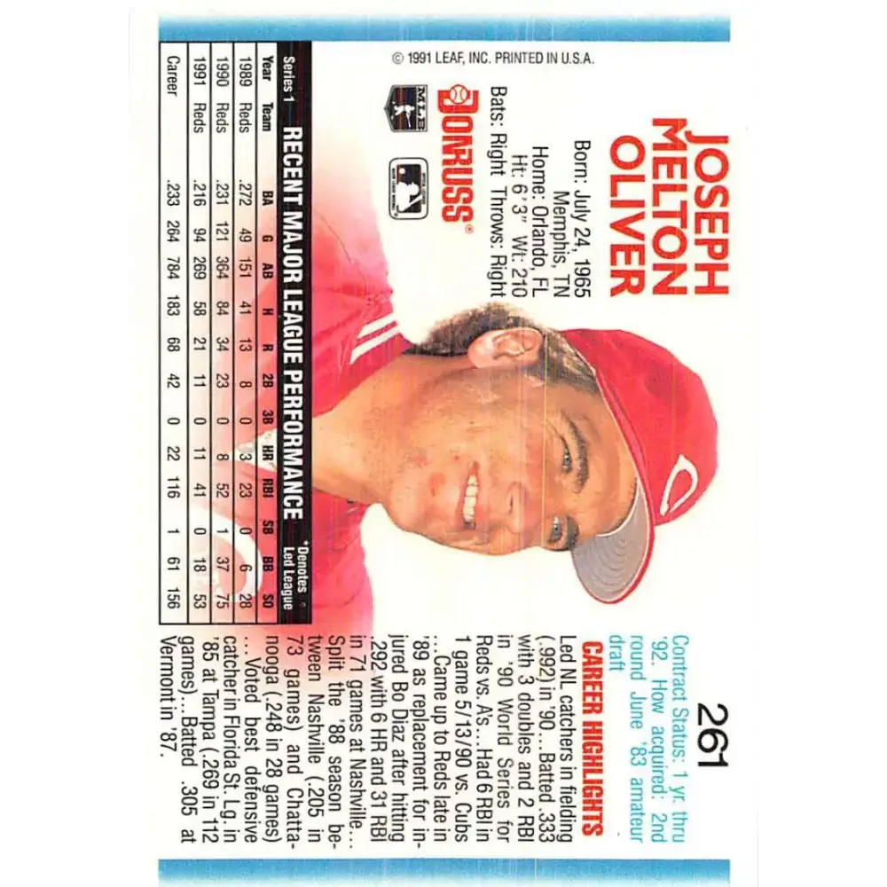 1992 Donruss #261 Joe Oliver NM-MT Cincinnati Reds Baseball Card - Baseball Card Single