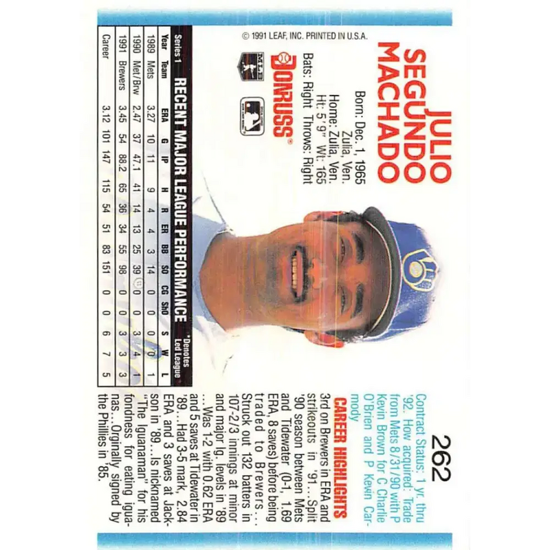 1992 Donruss #262 Julio Machado NM-MT Milwaukee Brewers Baseball Card - Baseball Card Single