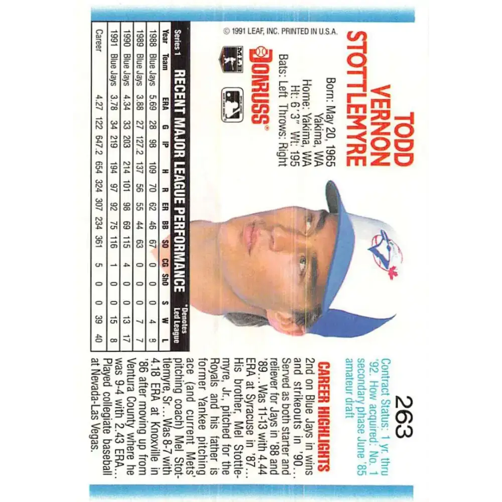 1992 Donruss #263 Todd Stottlemyre NM-MT Toronto Blue Jays Baseball Card - Baseball Card Single