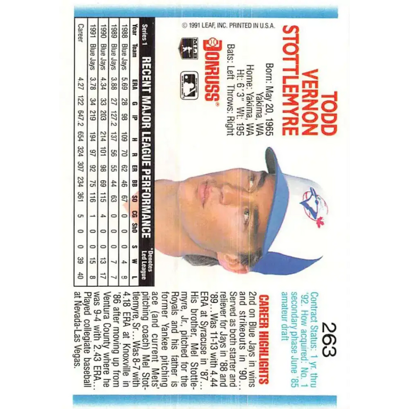 1992 Donruss #263 Todd Stottlemyre NM-MT Toronto Blue Jays Baseball Card - Baseball Card Single