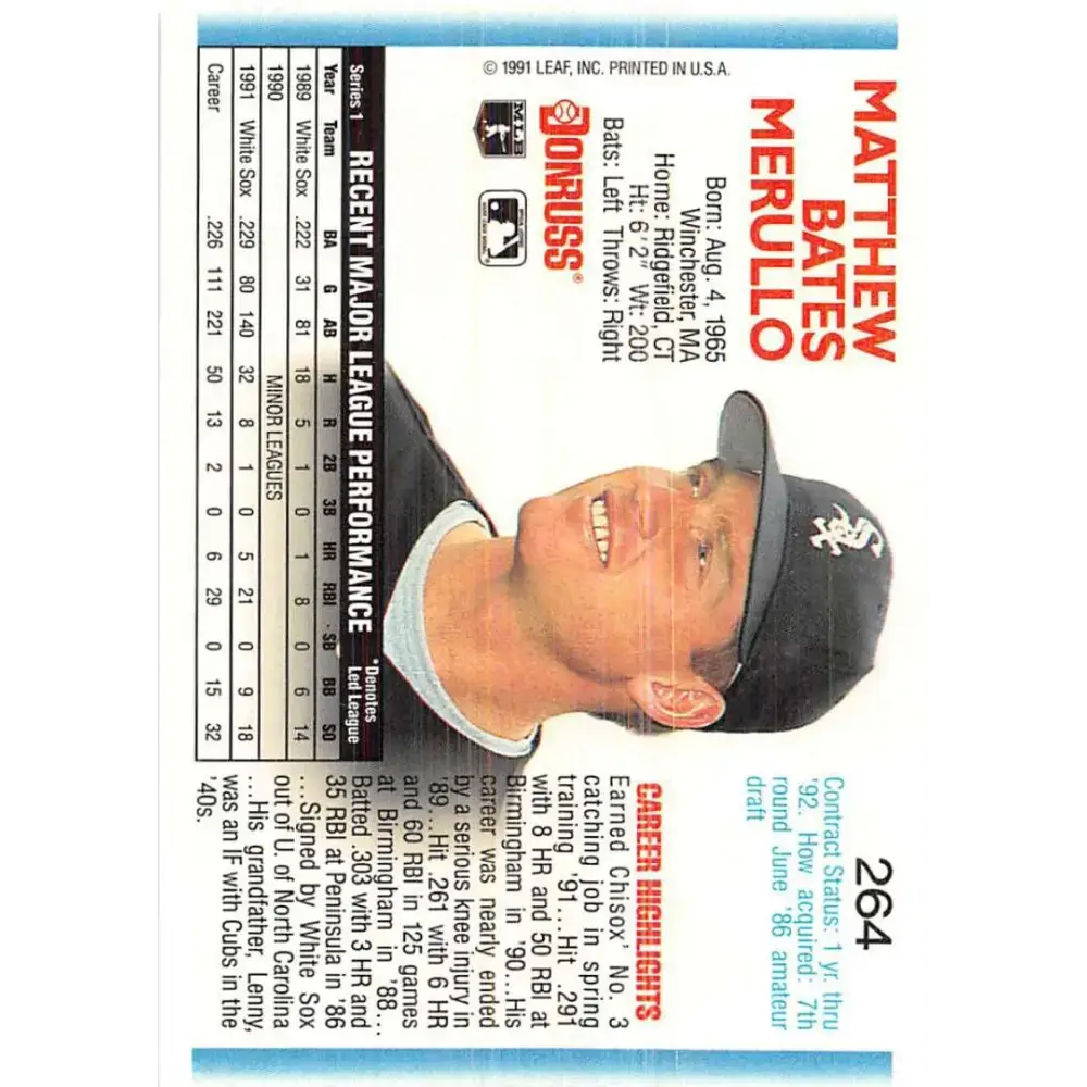 1992 Donruss #264 Matt Merullo NM-MT Chicago White Sox Baseball Card - Baseball Card Single